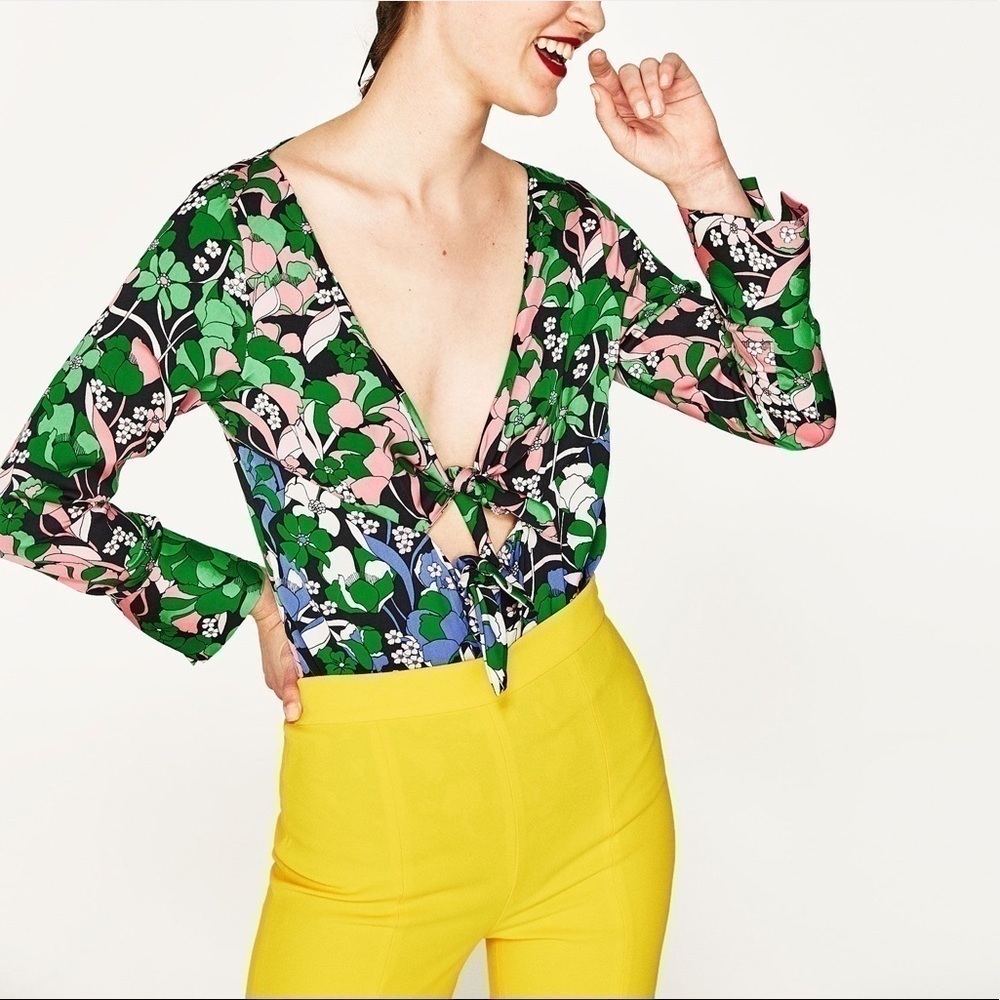 ZARA Floral Boho Retro Cutout Tie Front Bodysuit - Picture 2 of 16